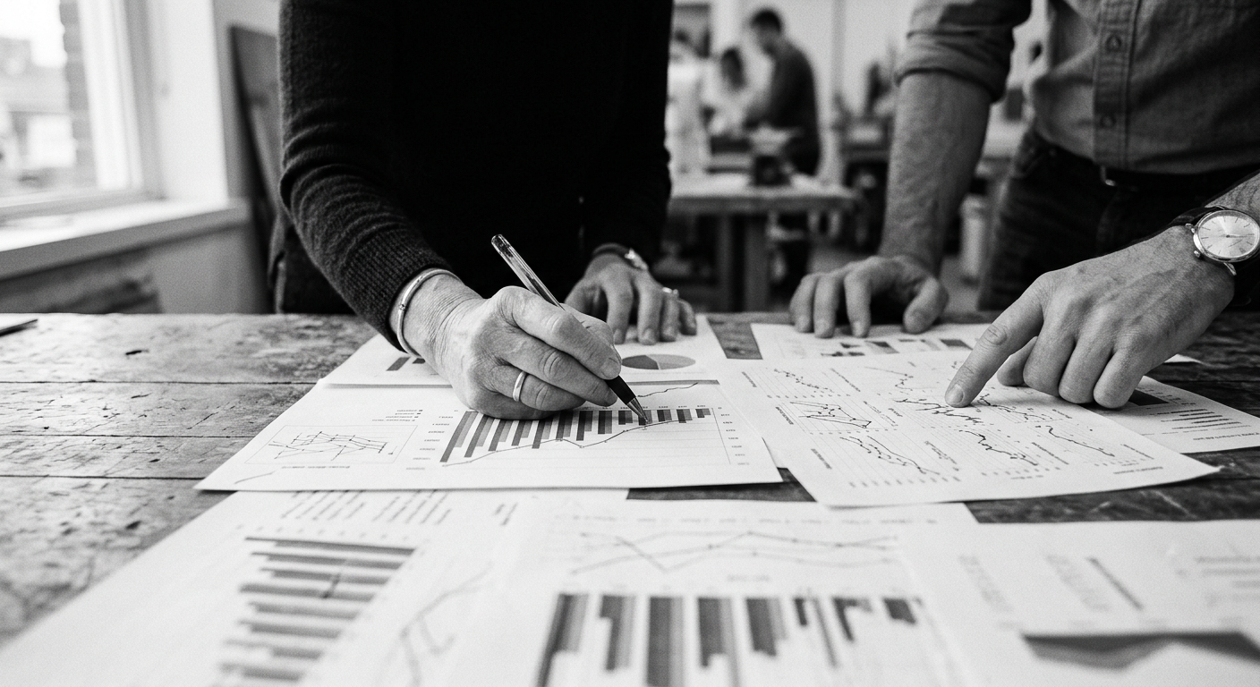 Hands reviewing printed charts and graphs